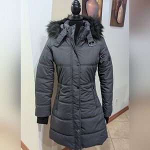 Maralyn & Me Women's Gray Puffer Coat with Faux Fur Trim Size Small